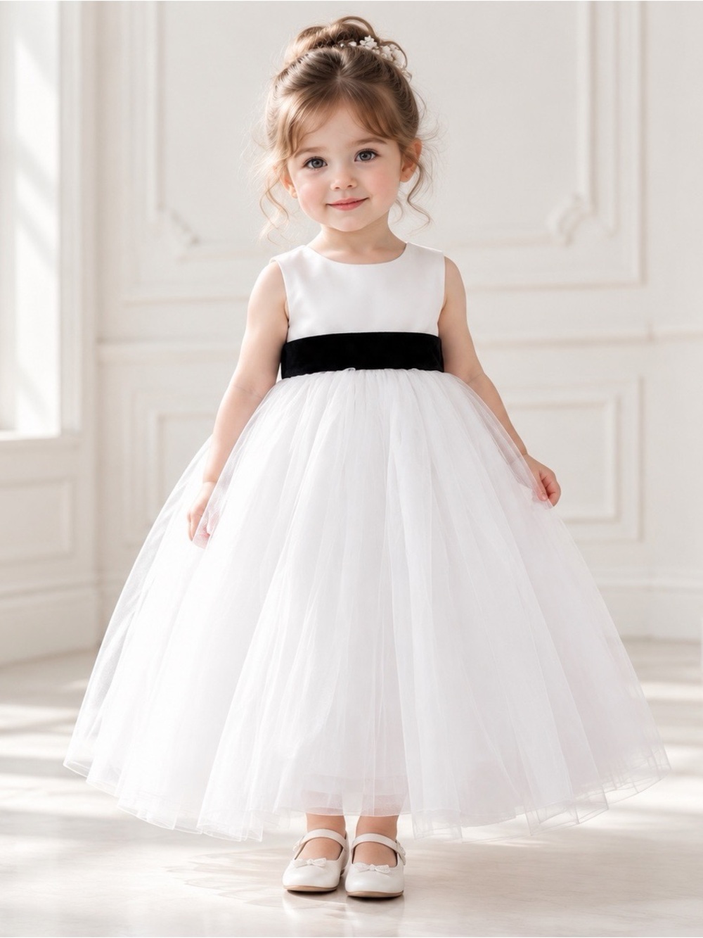 Barefoot Fairy Girls White Dress with Satin Black Bow Girls size 2